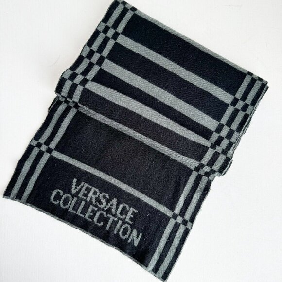 Versace Collection Reversible Wool Blend Grey Geometric Print Scarf - Picture 5 of 10